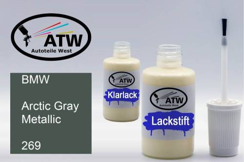 BMW, Arctic Gray Metallic, 269: 20ml Lackstift + 20ml Klarlack - Set, von ATW Autoteile West.